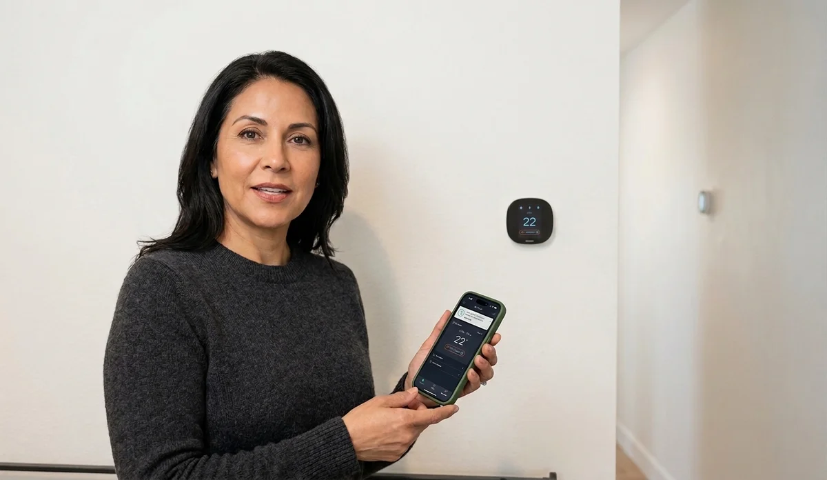 Person holding a phone with the ecobee app showing 22 degrees next to the wall thermostat