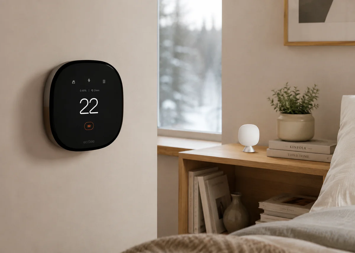 ecobee thermostat on the wall with SmartSensor on a bedroom nightstand