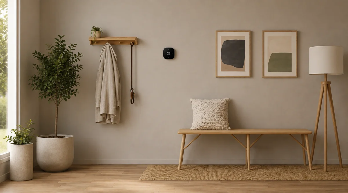 ecobee Smart Thermostat Premium mounted in a modern hallway entryway