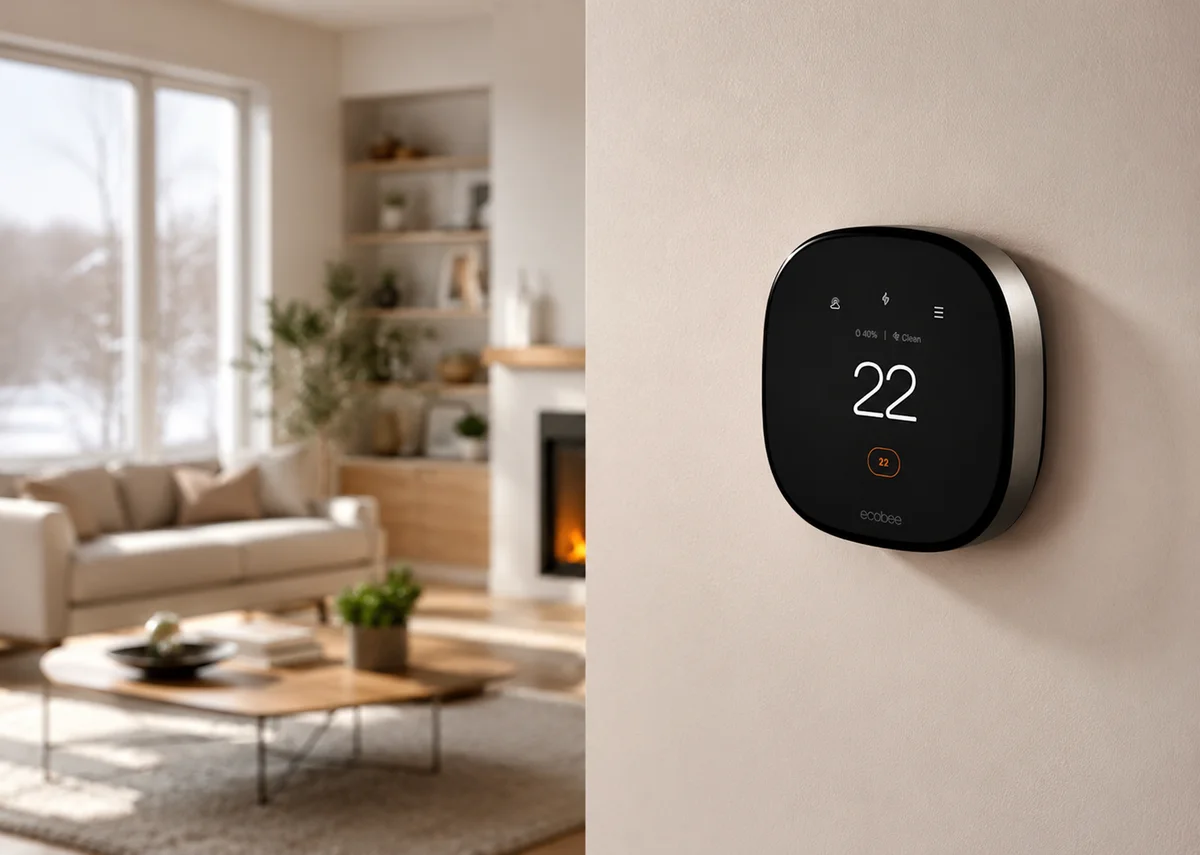 ecobee Smart Thermostat Premium showing 22°C on a living-room wall