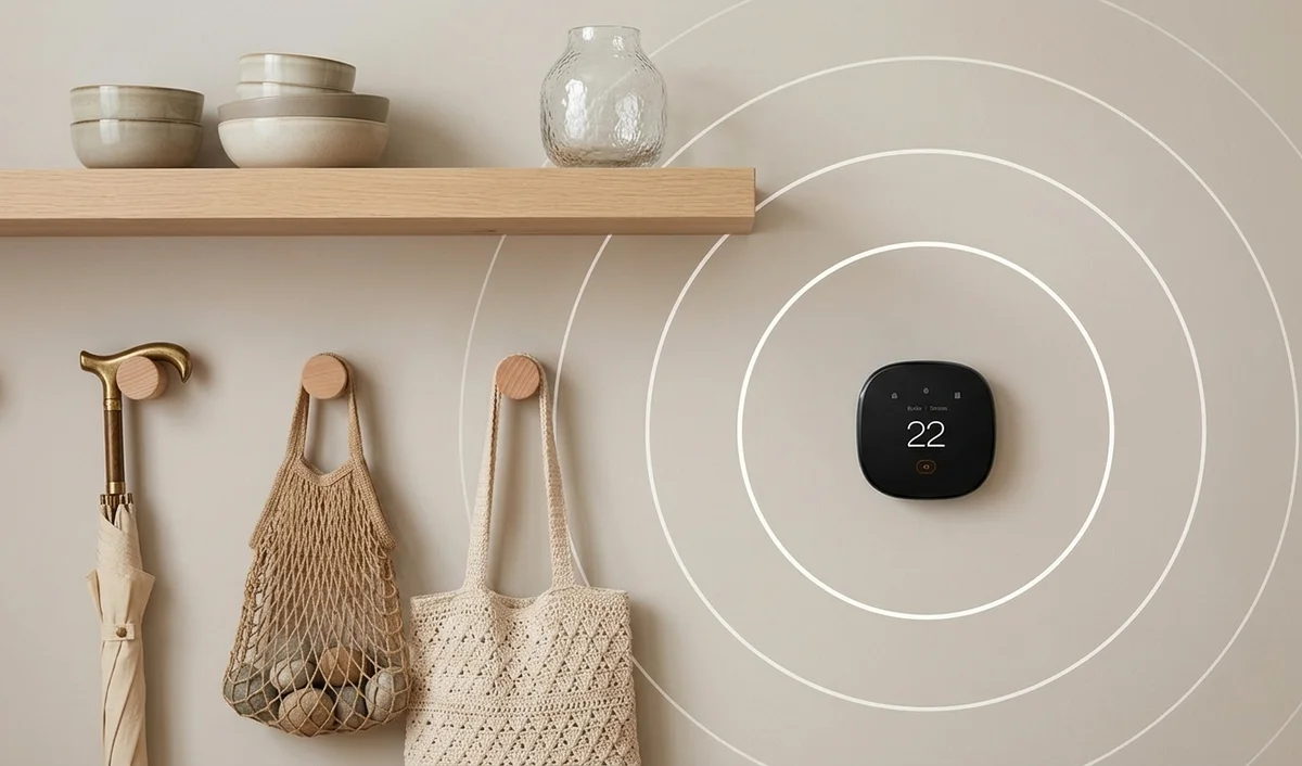 ecobee thermostat on a hallway wall with sensing range illustration