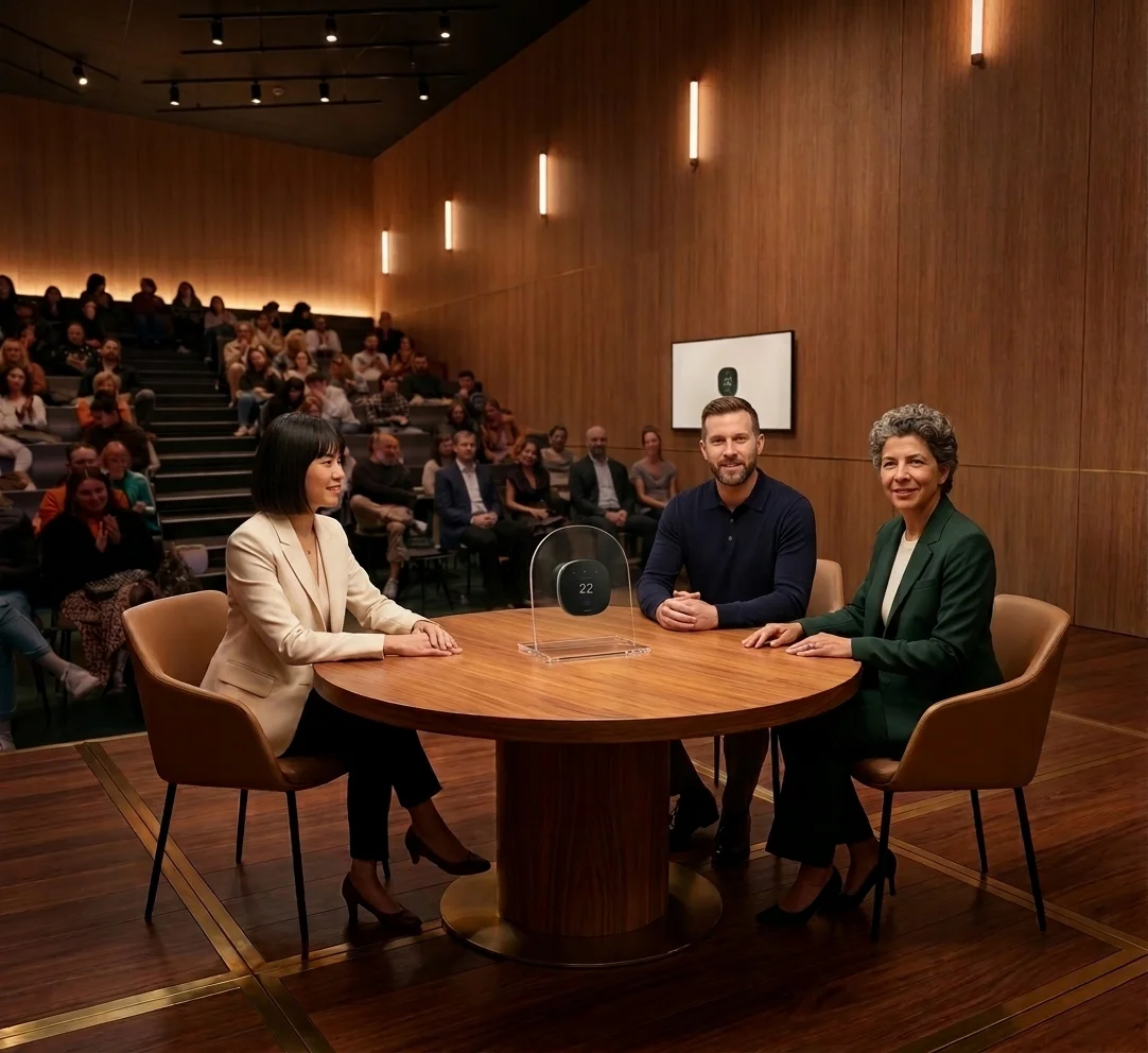 Speakers on stage with an ecobee Smart Thermostat Premium on display